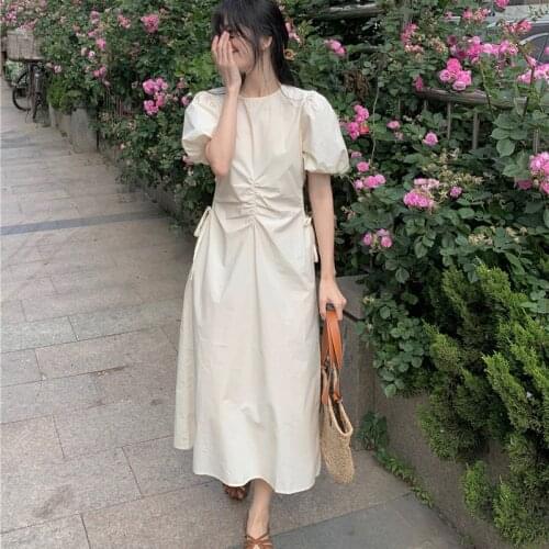 Woman Dress Round Neck Pleated Drawstring Short-sleeved Dress Women Summer New Style Korean High-waist Mid-length Skirt