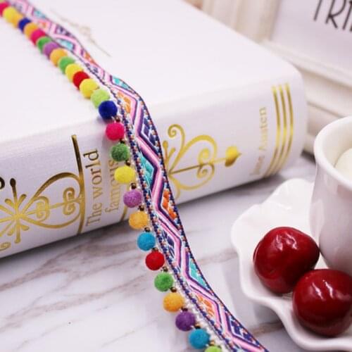 10mm 1PC Colored Ethnic Braided Polyester Lace With Pom Pom Ball Decorations DIY Trim Fabric Hometextile Clothes Embellishment
