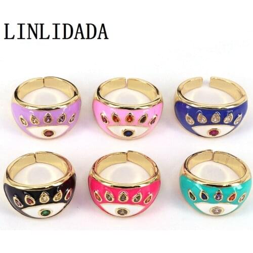 6Pcs New Colorful Enamel Rainbow Eye Thick Band Rings Gold Open Adjustable Ring for Ladies
