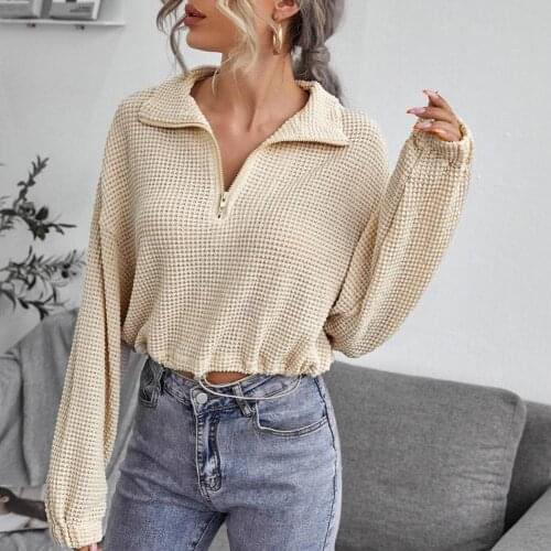 60% Dropshipping!! Cropped Pullover Knitted Solid Color Women Lapel Drawstring Waist Tied Shirt Sweater Streetwear
