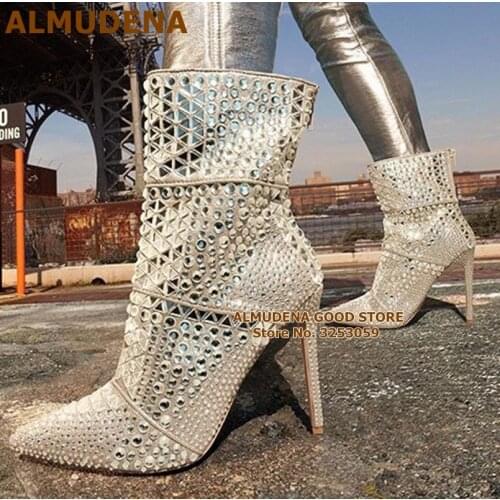 ALMUDENA Bling Bling Crystal Ankle Boots Stiletto High Heels Triangle Beaded Patchwork Wedding Shoes Banquet Pumps Shining Shoes