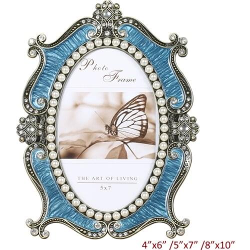 Antique Brass with Blue Hand Enameled and White Pearls Jeweled 5x7 inches Oval Tabletop Metal Alloy Picture Photo Frame
