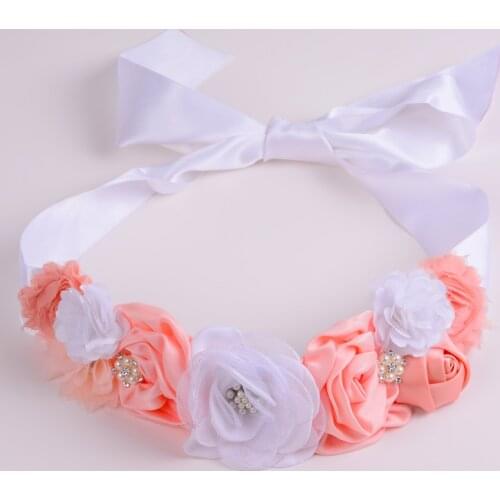 Pink and White Flower Belt Cute Wedding Flower Girl Belt Kids Dress Belts Girls Satin Rhinestone Maternity Bridal Flower Sash