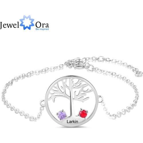 Personalized Tree of Life Engraved Bracelet with 2 Birthstones Customize Name Chain Bracelets for Women Accessories Jewelry Gift
