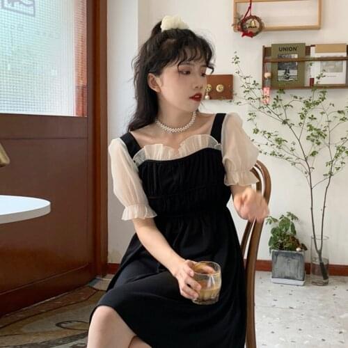 Black Vintage Style Womens Clothing Dresses Puff Sleeve Fashion Brand Summer A-line Mini-dress Square Collar Vestidos New
