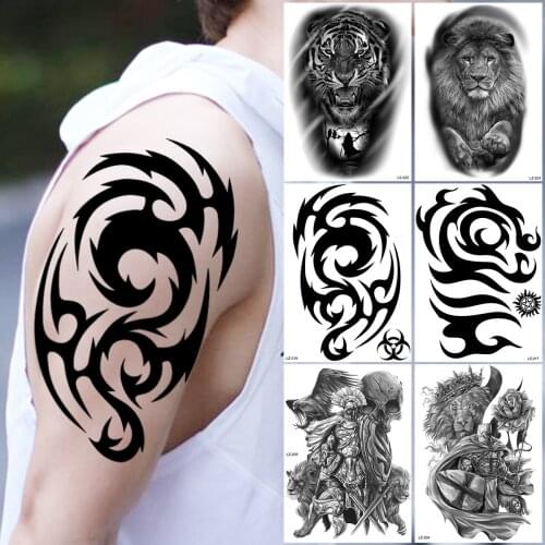 Black Maori Totem Temporary Tattoos For Men Adults Realistic Tiger Lion Knight Fake Tattoo Sticker Arm Back Tatoos Waterproof