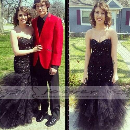 Boutique Black Crystal Beaded Sweetheart Mermaid Prom Dresses 2019 Chic Tiered Ruffles Tulle Party Dress Vestido De Gala Custom