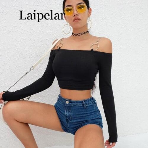 Cotton off shoulder sexy fashion womens t-shirts 2020 chain ring long sleeve t shirt crop top tee autumn slim tshirt