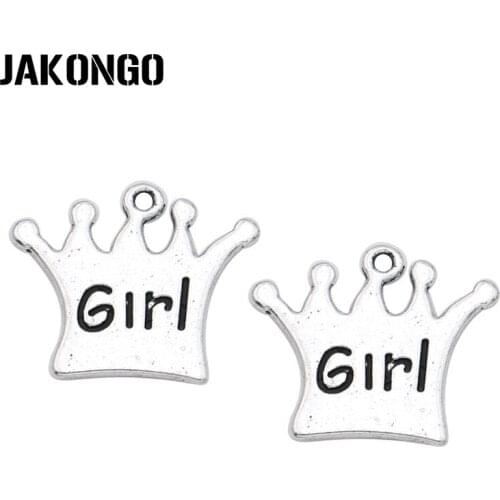 JAKONGO Antique Silver Plated Girl Crown Charms Pendants for Bracelet Jewelry Making DIY Accessories Craft 23x19mm