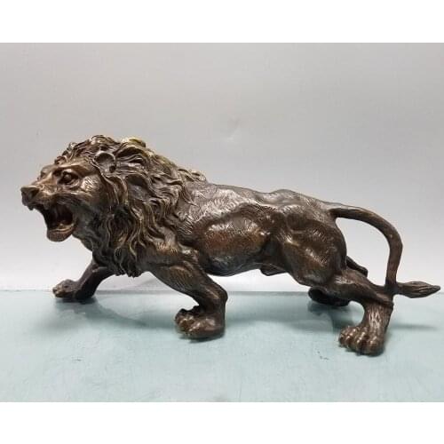 13" Chinese Seikos brass distressed Lion statue Panthera leo Lion King of the Forest African male lion statue