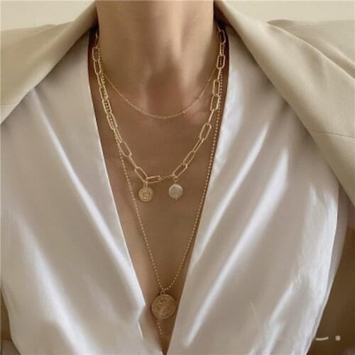 Korean Vintage Natural Pearl Head Avatar Pendant Necklaces for Women Mujer Gold Color Link Chain Multilayed Choker Necklaces