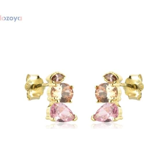 LOZOYA 925 Sterling Silver 2021 Three Zircon Wedding Pink Champagne Piercing Stud Earring Women Rock Punk Jewelry Gift