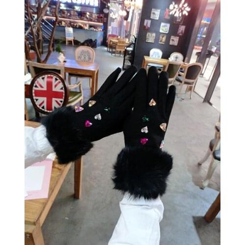 Rabbit Fur Mouth Love Color Rhinestone Cashmere Gloves Korean Version Rhinestone Color Thickened Warmth Finger Gloves Women