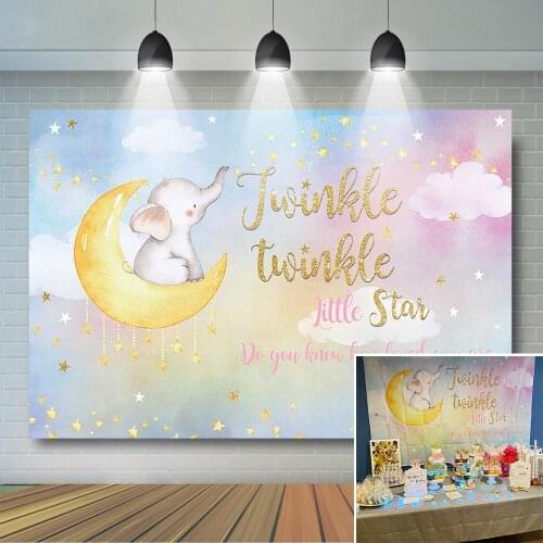 Twinkle Little Star Backdrop Baby Elephant on The Moon Background Twinkle Star Elephant Baby Shower Birthday Party Decor