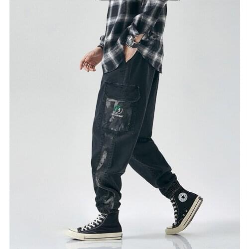 2021Spring/Autumn Men Harem Pants Loose Casual Jogger Versatile Pants Plus-Size Washed Denim Full Length Jean Ankle Banded Pants