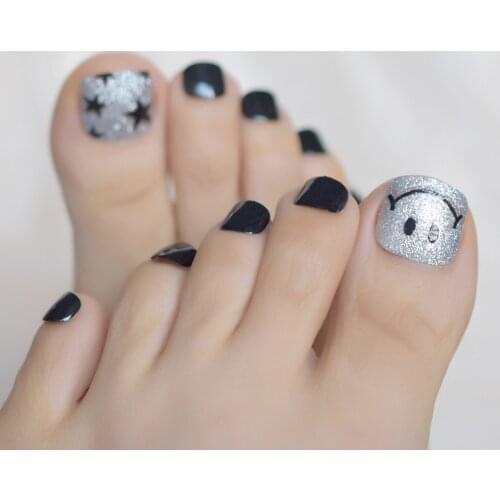 IMABC 24PCS Toe Nails Short Smile Mixed Black Giltter Design Full Cover Nails Fake False Nails Charming Full Cover Nails