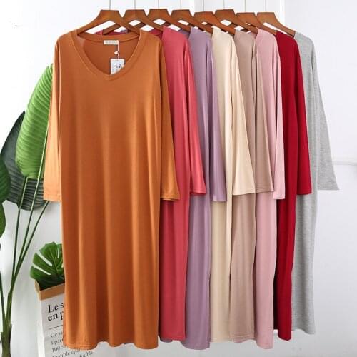 2020 Autumn Night Dress Women Loose large Nightgown Solid Color Sleepshirts Long-Sleeves Nightie Nightdress Modal Sleepwear