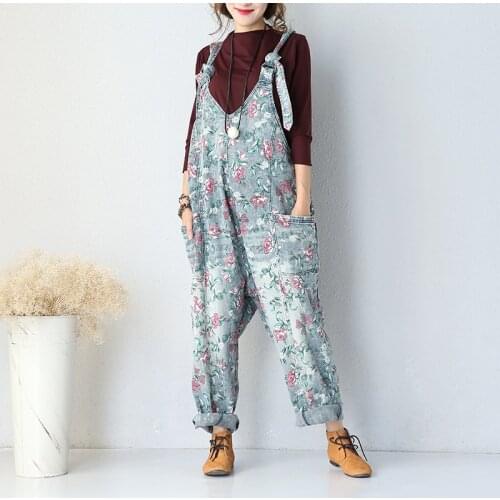 2018 female new spring and autumn denim bib trousers ankle length trousers hanging crotch print loose jeans pants