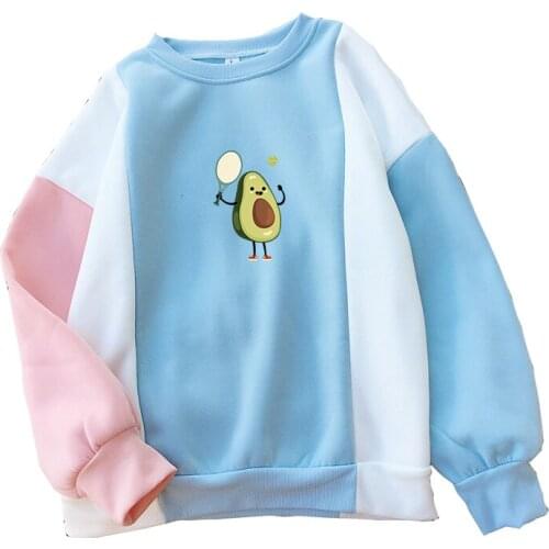 Autumn Winter New Fleece O-neck Hoodies Sweatshirts Women Harajuku Kawaii Avocado Cartoon Print Tops Hit Color Stitching Clothes