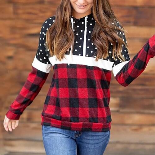 Autumn Womens Tracksuit Hoodie Stylish Women Long Sleeve Plaid Patchwork Dots Print Hoodie Sweatshirt Pullover