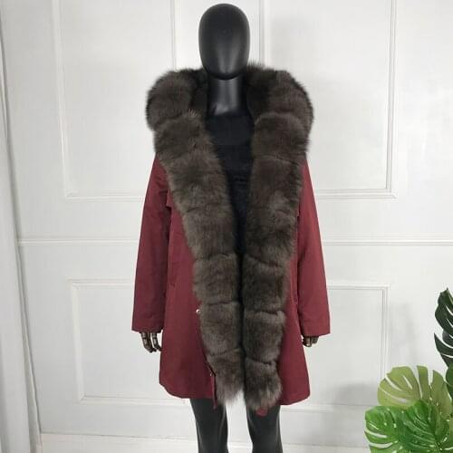 Hooded Parka Coat Real Fox Fur Collar Winter Jacket Warm Fashion Women Slim Rabbit Fur Lined