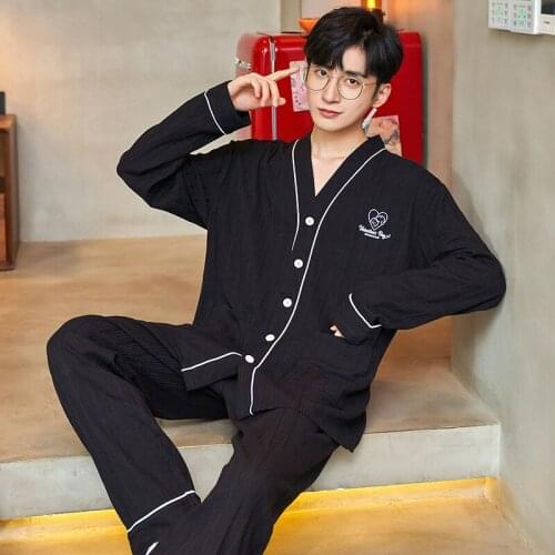 6535 Cotton Turn-down Collar Button-Down Long Sleeve Trousers Pajama Autumn Winter Boy Man cozy Jammies Nightwear Pyjamas CKE