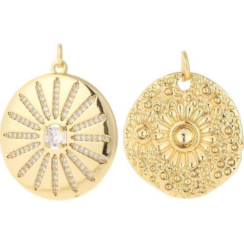 Flowers Charms for Jewelry Making Bulk Supplies Metal Round Tag Pendant Diy Earring Necklace Accessories Copper Zircon 5mm Hole