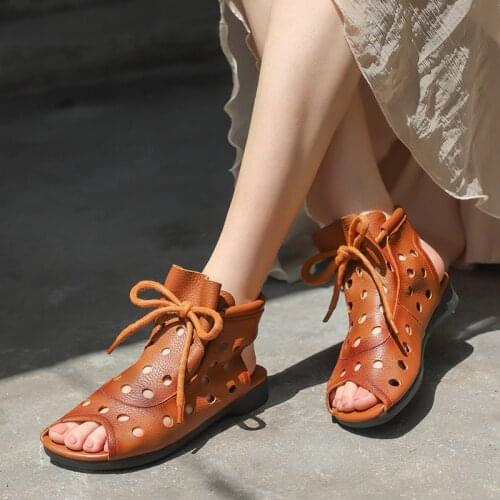Careaymade-Genuine leather sandals summer new breathable hollow cool boots womens leisure national style open toe womens boots