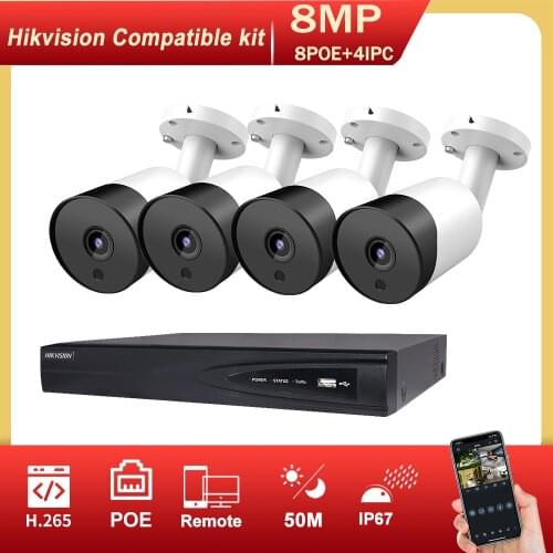 Hikvision 4CH CCTV System 4POE NVR DS-7604NI-K1/4P and 4pcs 8MP 4K Hikvision Compatible IP Camera IR50m Home Security Kit