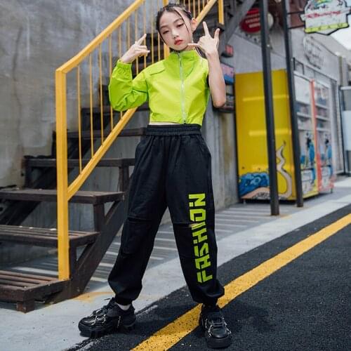 Summer Girls Hip Hop Dance Clothes Jazz Performance Clothing Green Tops Black Pants Kids Street Hip Hop Dancer Stage Wear BL6408