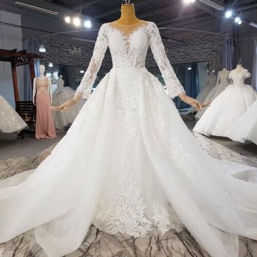 Gorgeous Pearls Appliques Detachable Train Lace Mermaid Wedding Dress 2021 V Neck Beading Long Sleeve Vintage Bridal Gown