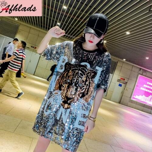 Cartoon Sequins Spring And Summer Night Club Tops Womens New Short Sleeved Loose Streetwear Hip-Hop Long T-Shirt Female