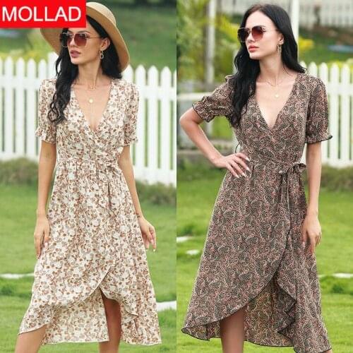European and American Womens Clothing 2021 Summer V-neck Vintage Floral Elastic Waist Irregular Dress Female