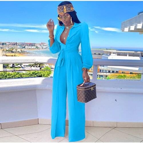 Office Lady Business Work Womens Jumpsuit 2021 Turn Down Collar Lantern Sleeve Straight Overall Spring Autumn Button Bodysuits