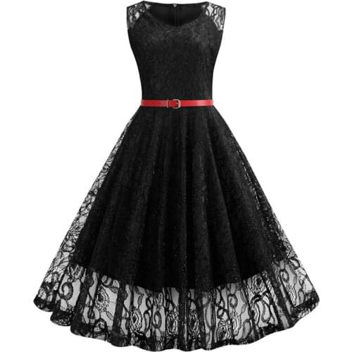 Black White Summer Lace Dress Plus Size Women Sleeveless Vintage Swing Elegant Red Midi Party Office Dress Robe Femme Vestidos