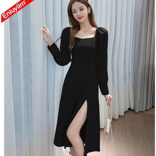 Black Elegant Split Hem Party Dress Women Autumn Square Neck A Line High Waist Vintage Long Dresses 5906