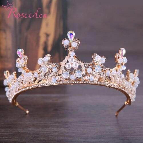 Gold Handmade Opal Crystal Beads Bridal Tiaras Crowns Pageant Prom AB Rhinestone Veil Tiara Wedding Hair Accessories RE3717