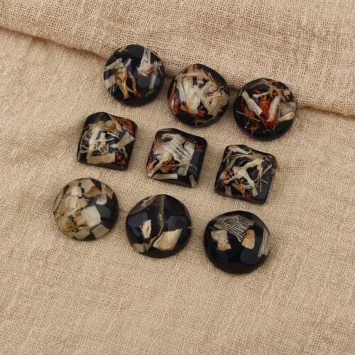 10pcs New Retro Black Dried Plant Flowers Semicircle Resin Flatback Cabochon Beads Square Earring Findings Crafts Jewelry Make