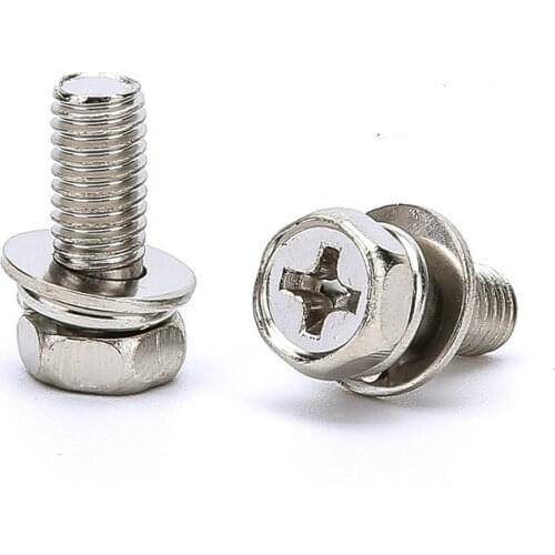 100pcs M6 M5 Hex Phillips Cross Head Bolt Hexagon Phillips Screw Flat Spring Washers Nickel Plated L=10-25mm Hardware Accessory