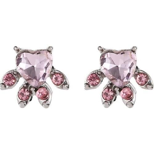 Shiny Faceted Zircon 4 Pink Little Crystal Cute Animals Cat Paw Shape Silver Plated Golden Stud Earrings For Women