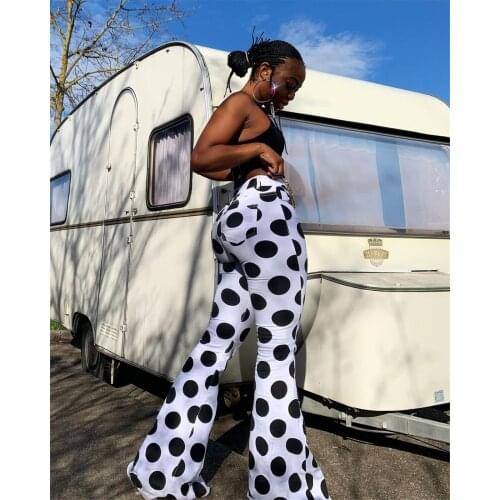 Puloru New 2021 Polka Dot Flared Trousers Vintage Women High Waist Bell-Bottomed Pants for Spring Fall Lady Slim Fit Streetwear