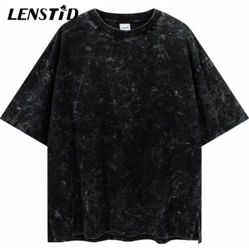 LENSTID Summer Men Washed Short Sleeve Tshirts Hip Hop Vintage Retro Plain T-Shirt Streetwear Harajuku Casual Cotton Tops Tees