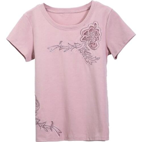 021 Vintage Flower Mesh Hollow T-Shirt Cotton Short Sleeve Plus Size Pink Tee Shirt Femme Clothes Diamonds Summer T Shirt Women