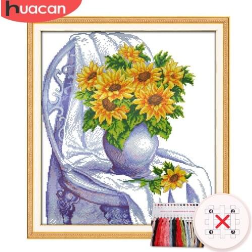 HUACAN DIY Embroidery Sunflower Sets Gift Cross Stitch Flower Kits White Canvas Home Decoration Needlework 11CT 14CT