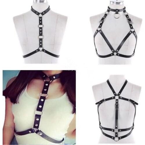 Pu Leather Harness belt of Women Black Sexy Tops Cage Bra BDSM Bondage Harness Goth Pentagram Full Dance underwear