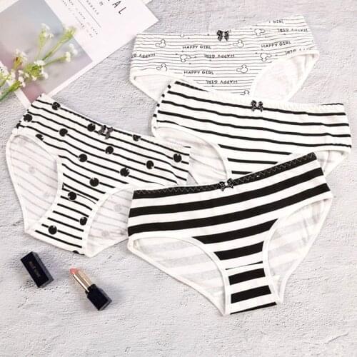 3Pcs Cute Womens Cotton Underwear Comfortable Girls Mid-rise Briefs Students Black and White Intimate Stripe Printing Panties