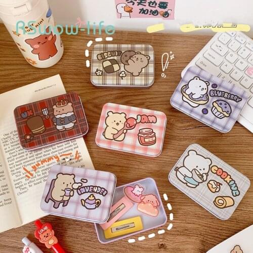Korea Cute Bear Storage Box Sticker Storage Box Tinplate Box Makeup Organizer Jewelry Organizer Home Organization