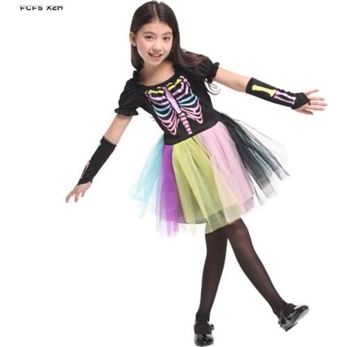 Rainbow color Girls Halloween Skeleton Costume Kids Children Zombie walking dead Devil Demon Cosplays Purim Carnival party dress