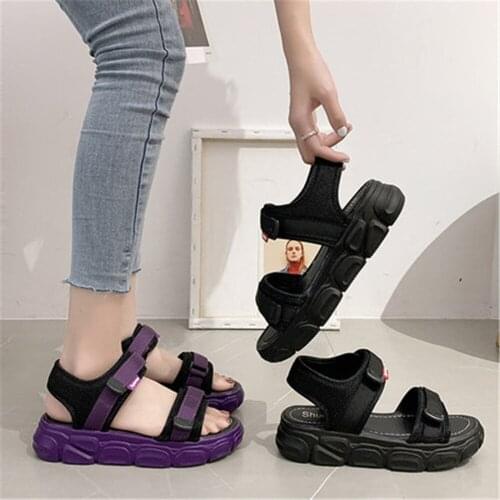 LLOGAI Nice New Summer Student Versatile Velcro Sports Thick Soled Beach Shoes Sandals Female Vogue Style Women Black Purple