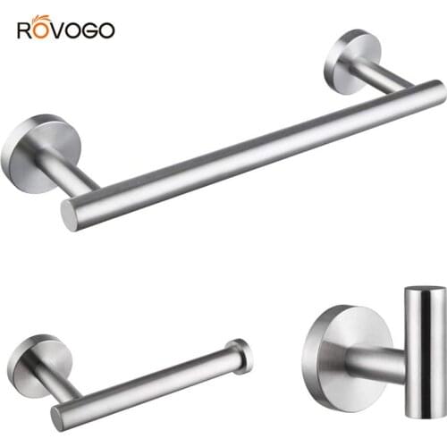ROVOGO 3-Pieces Bathroom Hardware Sets Brushed, SUS304 Stainless Steel Towel Bar, Toilet Paper Holder,Robe Hooks